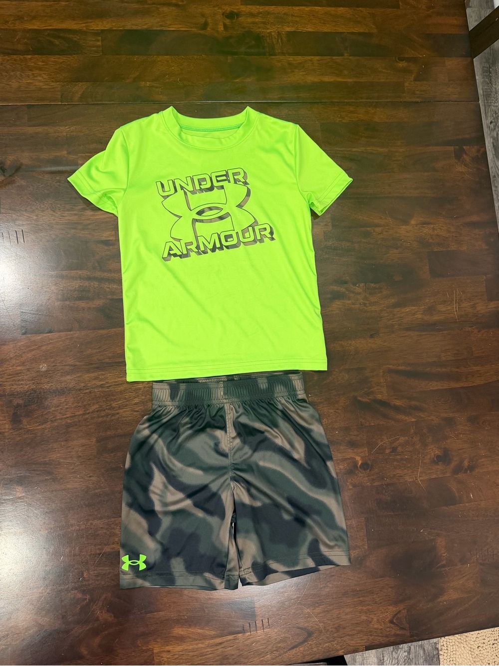 Under Armour Neon Green Performance Tee with GreenCamo Shorts
